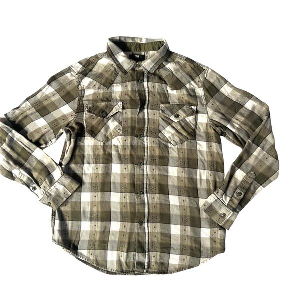 Frye Men’s Plaid Button Down Shirt Green Gray 100% Cotton Long Sleeve Medium - Picture 8 of 11